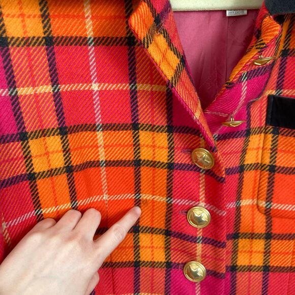 Vintage Mondi Womens M Pink Orange Plaid 100% Wool Power Blazer Preppy Retro - Picture 11 of 14